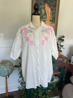 Mystic Blues Quilted Patchwork Embroidered Short Sleeve Button Down 22W